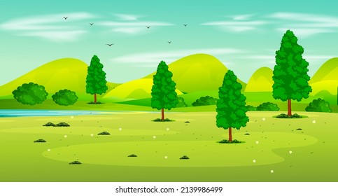 Landscape Background Illustration Park Scene With Green Field
