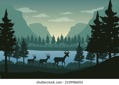 Landscape Background Illustration Of A Silhouette Forest With A Deer