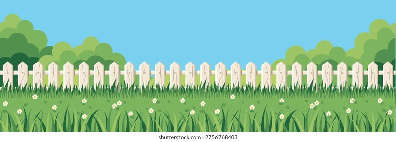 Landscape background image with a light wooden fence, grass under the fence, and grass in the foreground. Seamless horizontal pattern. Vector illustration.
