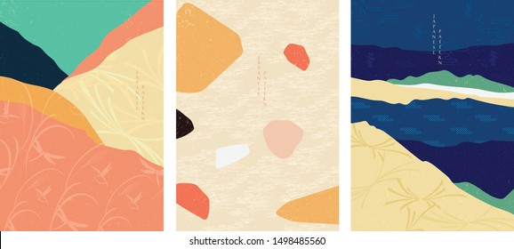 Landscape background with Japanese pattern vector. Dragonfly, Wave and ribbon elements. Rock and mountain template.