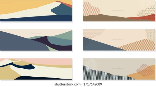 Landscape background with Japanese pattern vector. Mountain banner with geometric elements in vintage style.