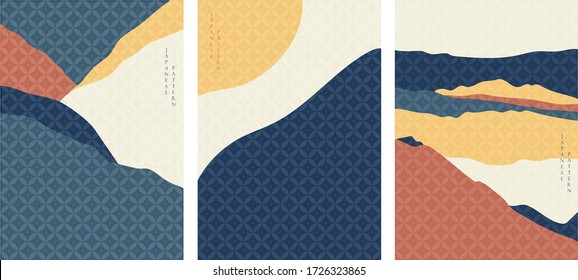 Landscape background with Japanese pattern vector. Mountain cover page in vintage style. Curve element.