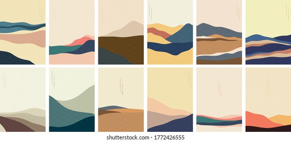 Landscape background with Japanese pattern vector. Mountain template with curve elements in vintage style.