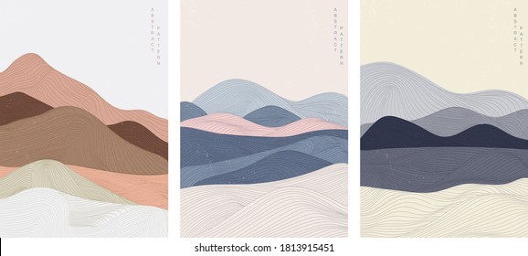 Landscape background with Japanese pattern vector. Curve template with line pattern elements.