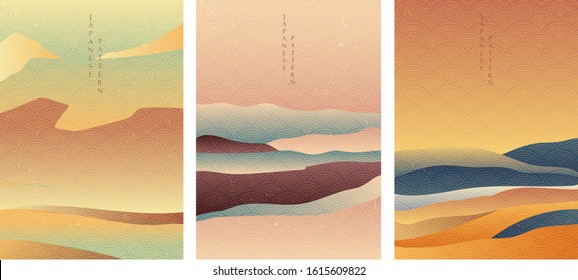 Antecedentes paisajísticos con el vector de patrón ondulado japonés. Papel pintado al atardecer con elementos de montaña. 