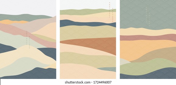 Landscape background with Japanese wave pattern vector. Mountain template with pastel style. Abstract wallpaper.