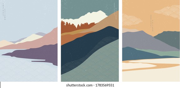 Landscape background with Japanese wave pattern. Abstract template with geometric pattern. Mountain layout design in oriental style. 