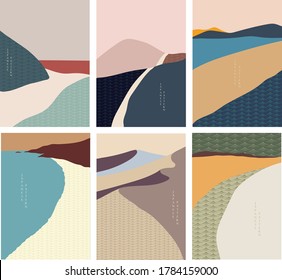 Landscape background with Japanese wave pattern. Abstract art, Mountain forest, desert template illustration.