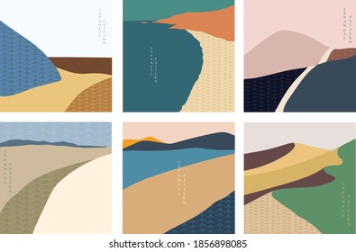 Landscape background with Japanese wave pattern. Abstract art, Mountain forest, desert template illustration.