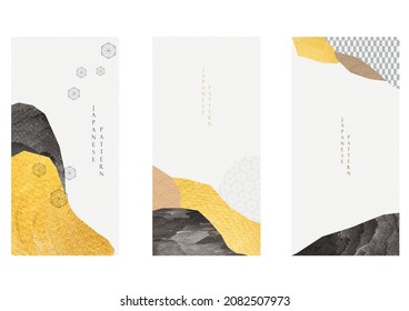 Landscape background with Japanese wave pattern. Abstract art template with geometric pattern. Mountain layout design with black and gold texture in Asian style. Invitation card design.