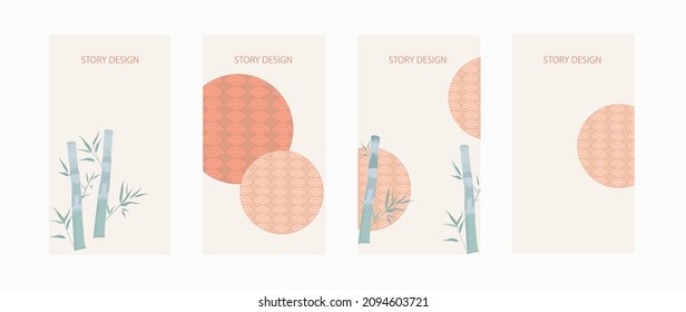 Landscape background with Japanese wave pattern. Abstract art template with geometric pattern.  story template for social media, vector stock illustration. 