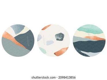 Landscape Background With Japanese Wave Pattern Vector. Abstract Art Template With Line Elements. Mountain Forest Banner And Logo Design In Vintage Style. 