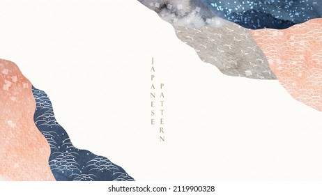 Landscape background with Japanese wave pattern. Abstract art template with geometric pattern. Mountain banner design in Asian style. Watercolor texture Invitation card design.