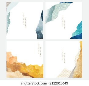 Landscape background with Japanese wave pattern. Abstract art template with geometric pattern. Mountain layout design with watercolor texture in oriental style. Invitation card design.