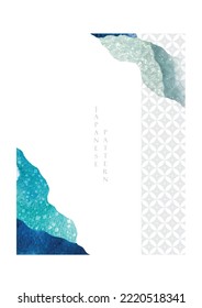 Landscape background with Japanese wave pattern. Blue abstract art template with geometric pattern. Mountain layout design with watercolor texture in oriental style. Invitation card design