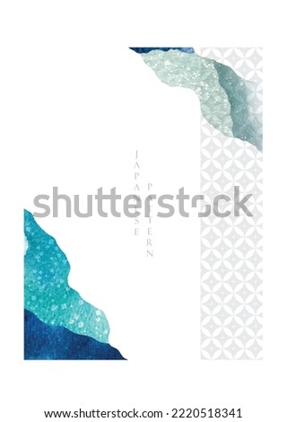 Landscape background with Japanese wave pattern. Blue abstract art template with geometric pattern. Mountain layout design with watercolor texture in oriental style. Invitation card design