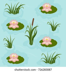 Landscape background with lake water, lilies and reeds. Seamless vector pattern for  wallpapers, fabric or textile design