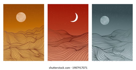 Landscape background with line art pattern vector on set. Abstract mountain template with geometric pattern. design for print, cover, poster, fabric. Vector illustration