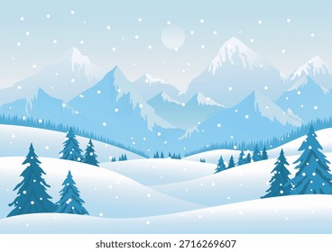 Fondo de paisaje, un largo invierno con bosques nevados, retornos de tranquilidad, gradiente de color suave, Ilustración vectorial para el diseño de fondo.