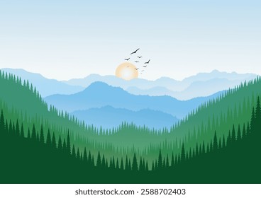Landscape background, lush forest is home to happy animals, flock of birds looking for food to welcome the sun, vector illustration for background design.