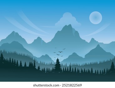 Landscape background, morning atmosphere, birds starting their journey, quiet forest, relaxing green gradient, vector illustration for travel advertising design, create report cover.