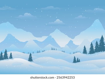 Landscape background, morning atmosphere, cold weather and falling snow to welcome tourism, vector illustration for design, create background, make tourism promotion brochure.