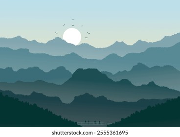 Landscape background, morning atmosphere, welcome tourists, bright mountains and forests, natural gradient tones, vector illustration for travel advertising and brochure design.