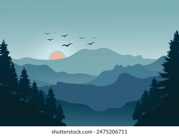 Landscape background, morning in a wonderful forest, important for people and animals, warm color gradient, vector illustration for cover design and advertising.