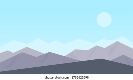 Landscape background with mountain, hill, sky, sun. Flat landscape wallpaper.