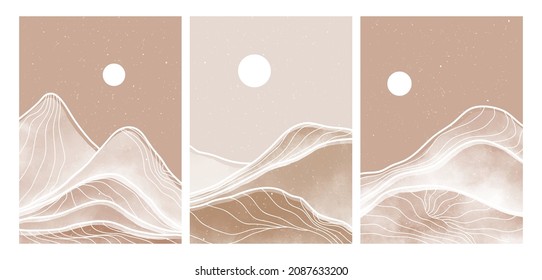Landscape background with mountain and line art pattern. Abstract  contemporary aesthetic backgrounds landscapes. vector illustrations