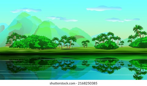 Landscape background. Mountain landscape. Panoramic landscape with palm trees, river and mountains. Vector illustration.