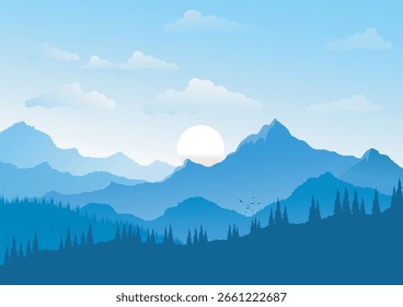 Landscape background, mountain range in ascending and descending order, flock of birds flying behind the forest, gradient green tones to match the nature, vector illustration for background design.