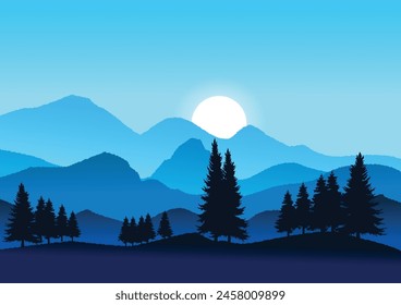 Landscape background, mountain range as far as the eye can see, vector illustration of the atmosphere near dusk, cool color gradient on a blue background, for advertising design.