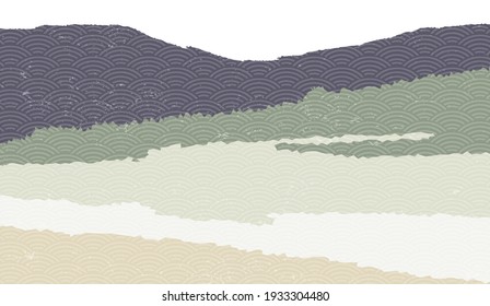 Landscape background with mountain scenery decorated with japanese wave pattern. Vector illustration of travel and adventure theme with abstract nature landscape