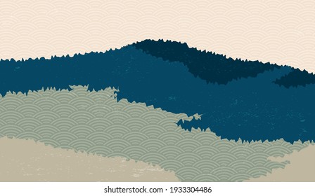 Landscape background with mountain scenery decorated with japanese wave pattern. Vector illustration of travel and adventure theme with abstract nature landscape