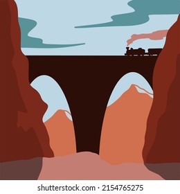 Landscape Background with mountain, train, rock, and sky. Graphic wallpaper vector poster illustration.