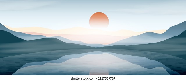 Entorno paisajístico con montañas y colinas en el lago o el mar. Banner de arte acuarela para diseño de papel de pared, impresión, diseño de decoración
