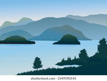 Landscape background, mountains and rivers, the beauty of nature is suitable for travel and tourism, using soft colors, vector illustration for background design.