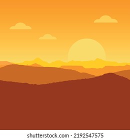 Landscape background  with mountains, sun and 
clouds. Color flat vector illustration