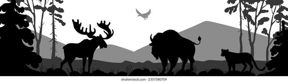 Landscape background of North America with silhouettes of animals living in the North American climate, flat vector illustration. Animals of America in nature design.