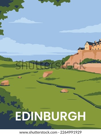landscape background Old town Edinburgh in Scotland UK. vector illustration with colored style for poster, postcard, card, print.