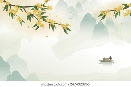 Landscape background with  osmanthus branches in the foreground, mountains in the distance, and s awning boat