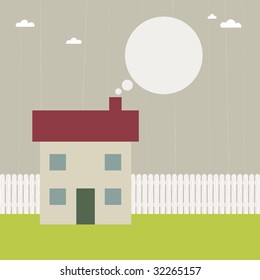 landscape background with picket fence and house with speech bubble
