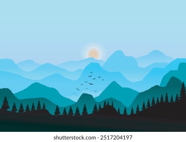 Fondo del paisaje, bosque de pinos y montañas escarpadas, conveniente para el viaje, color fresco del gradiente con la atmósfera, Ilustración vectorial para el diseño del fondo.