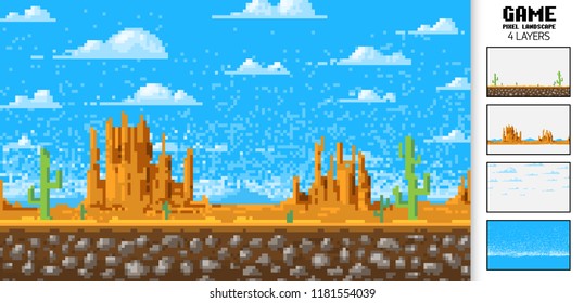 Landscape background, pixel art, 8-bit game digital vintage style. interface for the application or a web site. clouds over the mountains. Monument Valley.