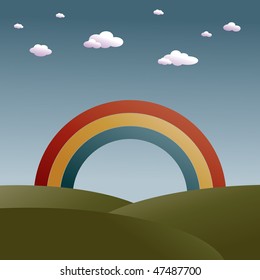 landscape background with rainbow across green fields