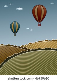 landscape background with red and blue hot air balloons