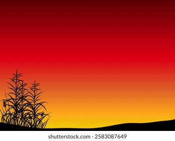 landscape background with reeds silhouette and sunset sky