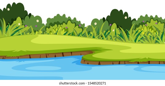 Landscape background with river and green grass illustration