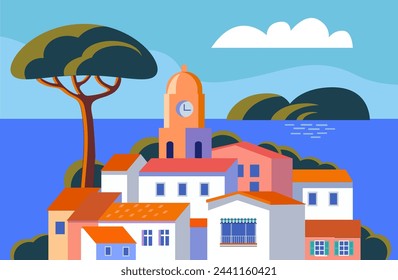 landscape background with rold european town and blue sea